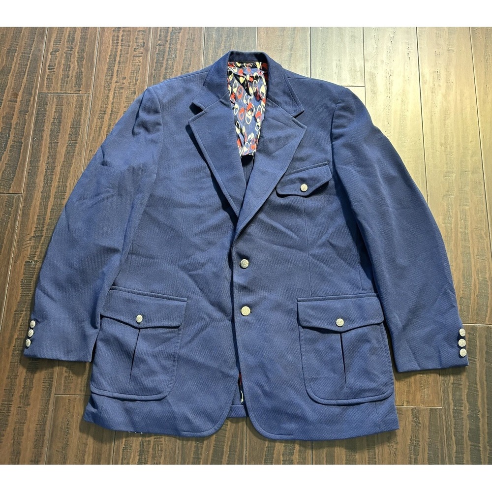 Vintage Burdines Blazer Mens 46 Long 1970s Polyester Union Made Navy Blue Disco